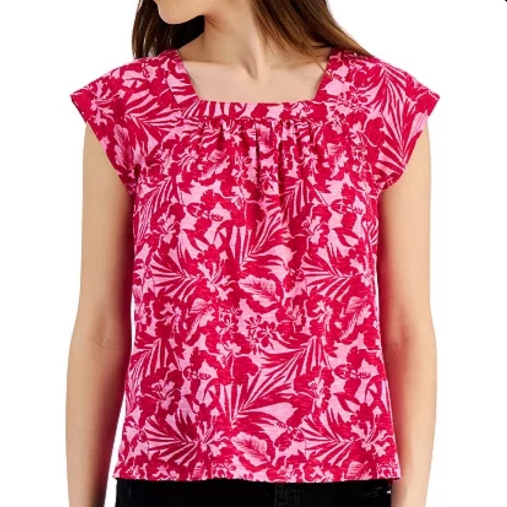 Women's Printed Square-Neck Flutter-Sleeve Top